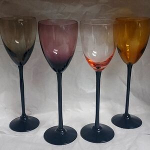 Vintage Aperitif Cordial Glasses with long black steamed multi color set.
